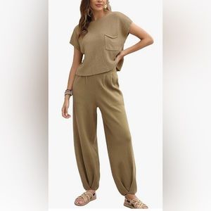 Women's 2 Piece Sweater Set Knit Pullover Top and High Waisted Pants Loungewear